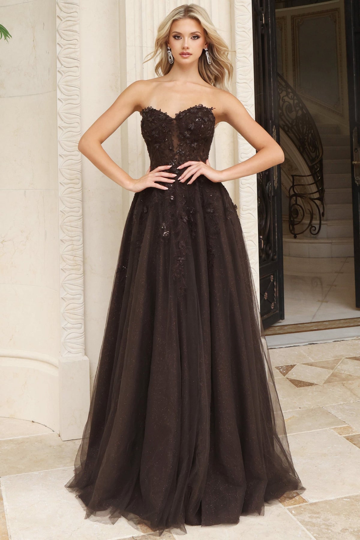 Jovani 55729 Strapless Lace Applique Corset A Line Gown