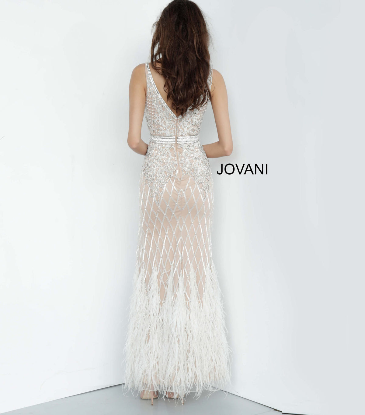 Jovani 55796 Ivory Embellished V Neck Fitted Dress