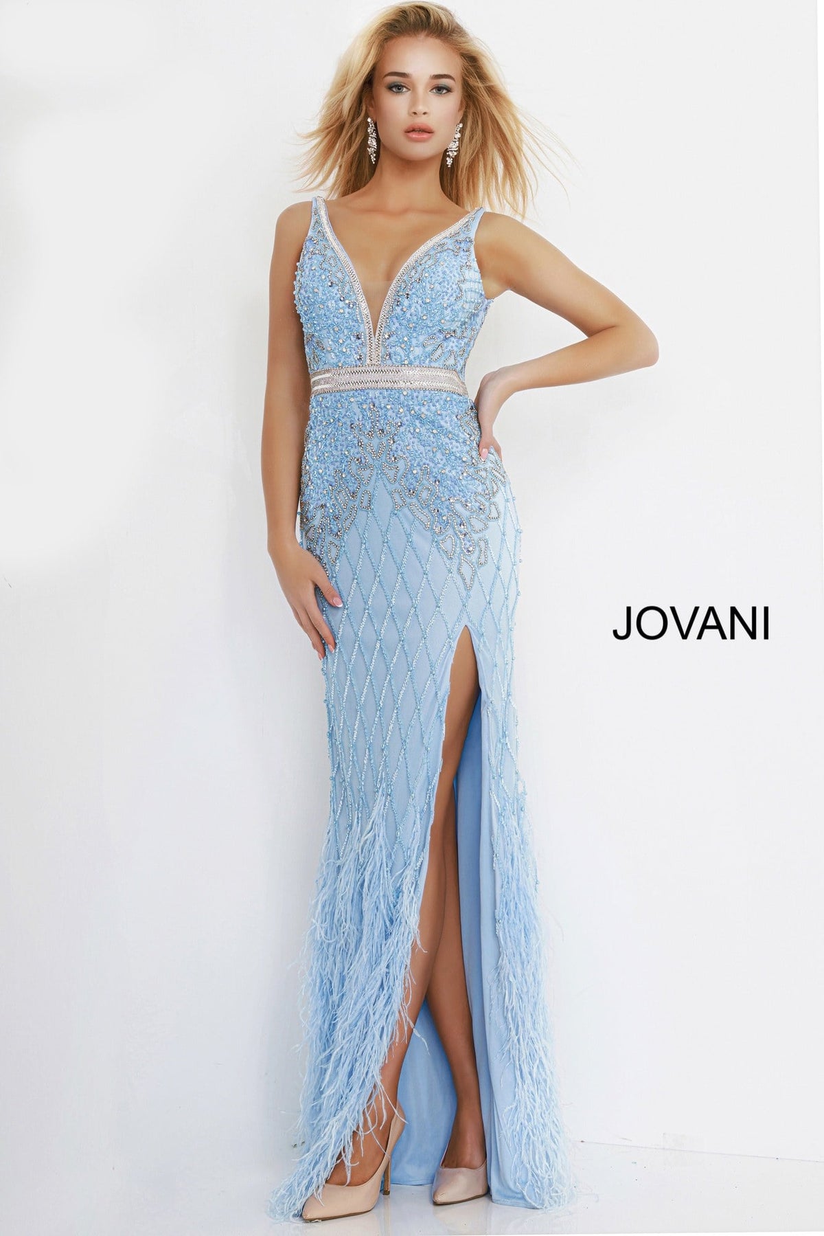 Jovani 55796 Ivory Embellished V Neck Fitted Dress