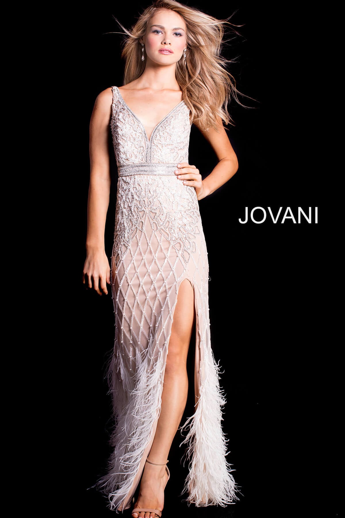 Jovani 55796 Ivory Embellished V Neck Fitted Dress