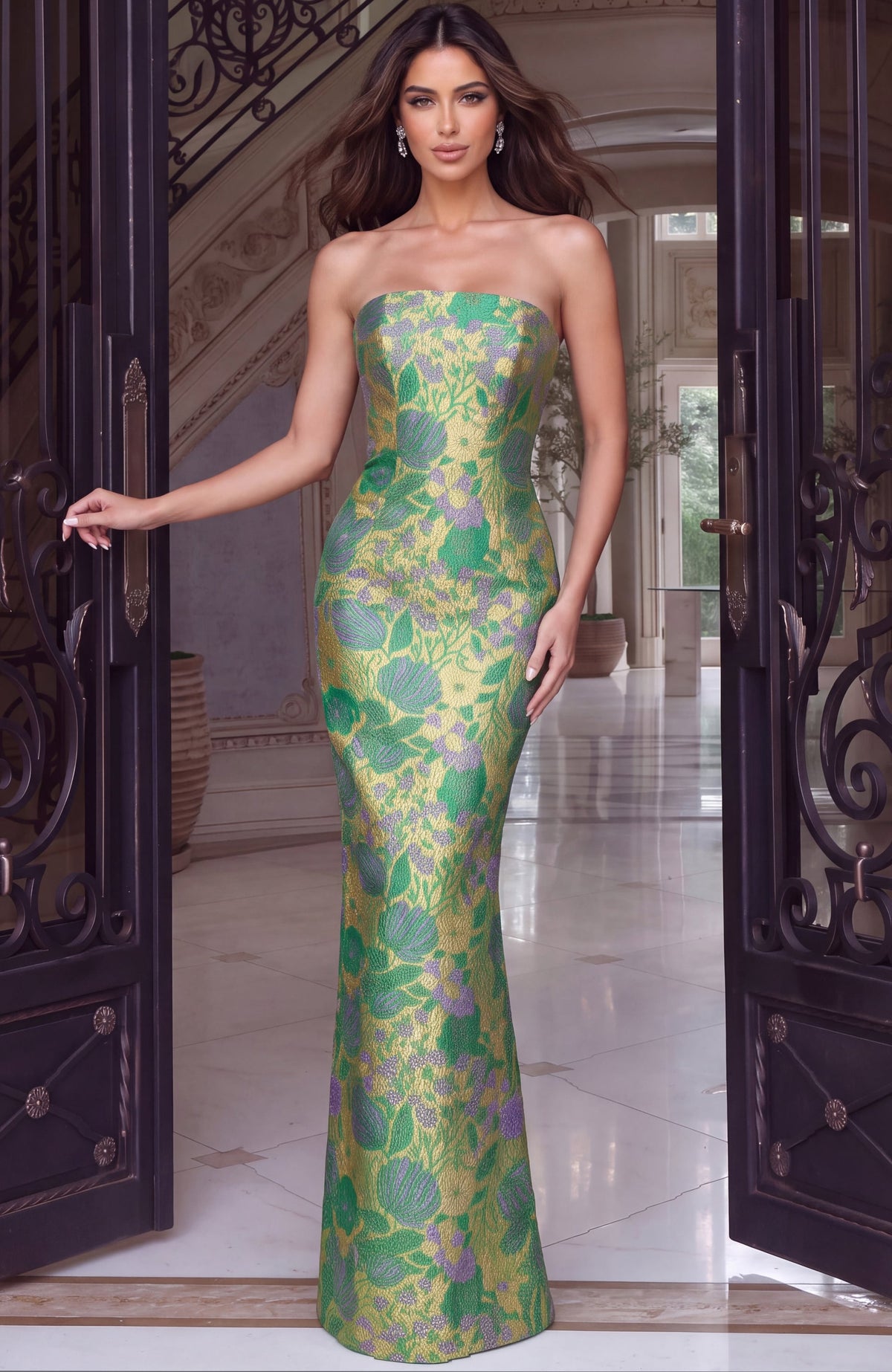 Jovani 55860 Strapless Floral Jacquard Column Gown With Back Slit