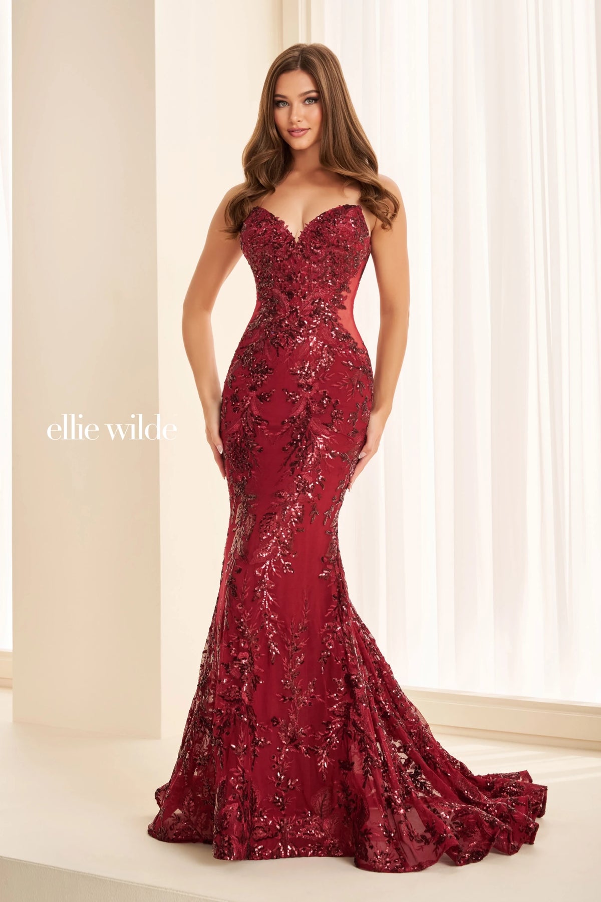 Ellie Wilde EW37042 Wine Mermaid prom dress