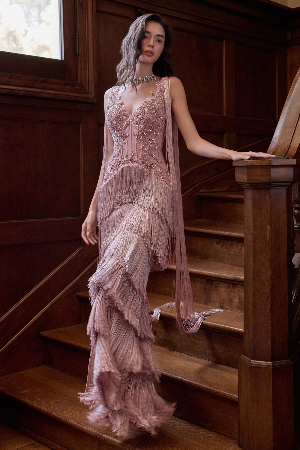 Andrea & Leo A1529 fitted fringe evening gown