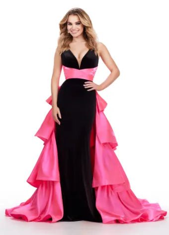 ASHLEYlauren Evening Dress ASHLEYlauren 11463 Velvet Fitted Gown with Satin Ruffled Overskirt