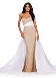 ASHLEYlauren pageant gown ASHLEYlauren 11571 Fully Beaded Gown with Taffeta Belt and Overskirt