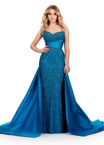 ASHLEYlauren pageant gown ASHLEYlauren 11571 Fully Beaded Gown with Taffeta Belt and Overskirt