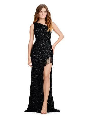 ASHLEYlauren 11449 Sequin One Shoulder Gown with Asymmetrical Lace Up Back
