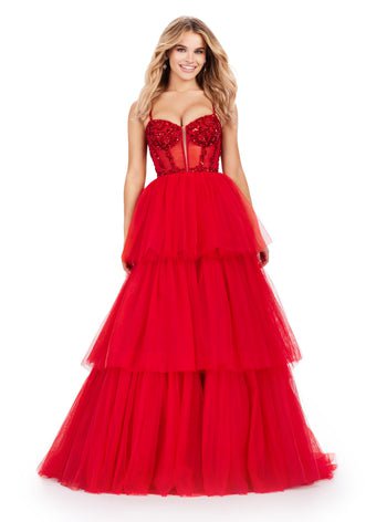 ASHLEYlauren Prom Dress ASHLEYlauren 11462 Spaghetti Strap Tiered Tulle Ball Gown with Beaded Corset Bustier