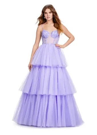 ASHLEYlauren Prom Dress ASHLEYlauren 11462 Spaghetti Strap Tiered Tulle Ball Gown with Beaded Corset Bustier