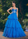 ASHLEYlauren Prom Dress ASHLEYlauren 11462 Spaghetti Strap Tiered Tulle Ball Gown with Beaded Corset Bustier