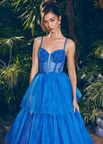 ASHLEYlauren Prom Dress ASHLEYlauren 11462 Spaghetti Strap Tiered Tulle Ball Gown with Beaded Corset Bustier