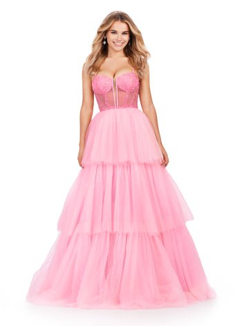 ASHLEYlauren Prom Dress ASHLEYlauren 11462 Spaghetti Strap Tiered Tulle Ball Gown with Beaded Corset Bustier