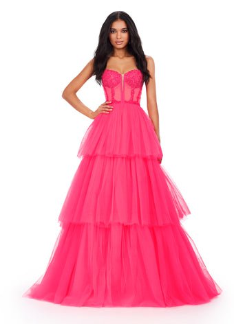 ASHLEYlauren Prom Dress ASHLEYlauren 11462 Spaghetti Strap Tiered Tulle Ball Gown with Beaded Corset Bustier