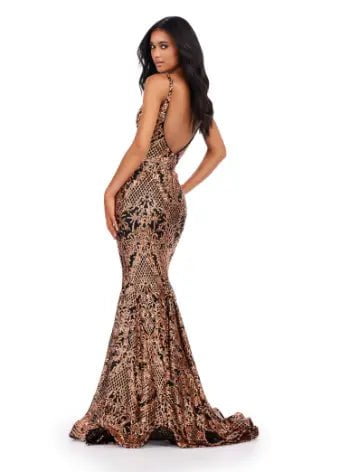 ASHLEYlauren Prom Dress ASHLEYlauren 11466 Spaghetti Strap V-Neck Stretch Sequin Gown with Low Back