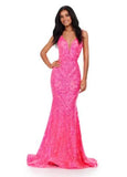 ASHLEYlauren Prom Dress ASHLEYlauren 11466 Spaghetti Strap V-Neck Stretch Sequin Gown with Low Back