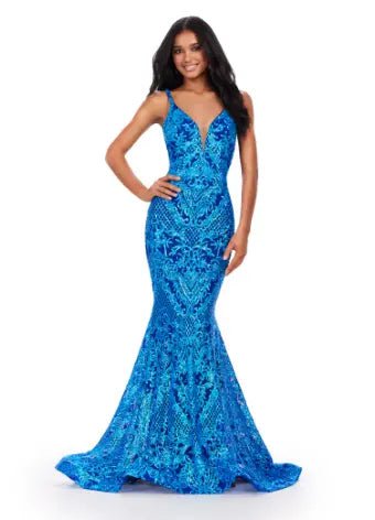 ASHLEYlauren Prom Dress ASHLEYlauren 11466 Spaghetti Strap V-Neck Stretch Sequin Gown with Low Back