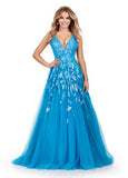 ASHLEYlauren Prom Dress ASHLEYlauren 11470 V-Neck Tulle Ball Gown with Sequin Applique