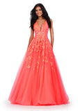 ASHLEYlauren Prom Dress ASHLEYlauren 11470 V-Neck Tulle Ball Gown with Sequin Applique