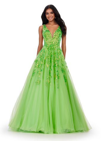 ASHLEYlauren Prom Dress ASHLEYlauren 11470 V-Neck Tulle Ball Gown with Sequin Applique