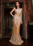 ASHLEYlauren Prom Dress ASHLEYlauren 11509 Gold and Silver Beaded Strapless Gown