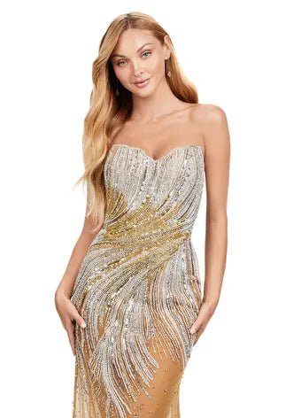 ASHLEYlauren Prom Dress ASHLEYlauren 11509 Gold and Silver Beaded Strapless Gown