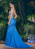 ASHLEYlauren Prom Dress ASHLEYlauren 11511 Denim Two Piece Gown with Fully Beaded Bustier