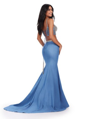 ASHLEYlauren Prom Dress ASHLEYlauren 11511 Denim Two Piece Gown with Fully Beaded Bustier