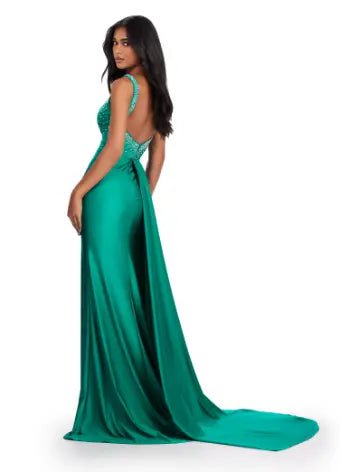 ASHLEYlauren Prom Dress ASHLEYlauren 11579 Jersey Dress with Press on Stones and Side Skirt