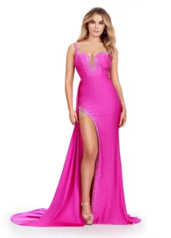 ASHLEYlauren Prom Dress ASHLEYlauren 11579 Jersey Dress with Press on Stones and Side Skirt