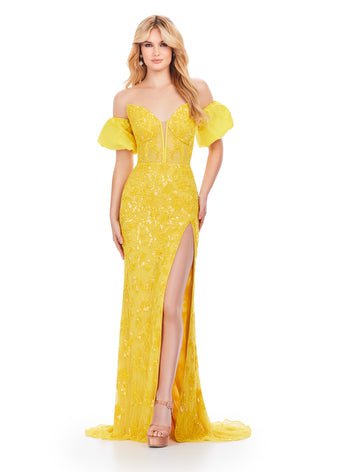 ASHLEYlauren Prom Dress ASHLEYlauren 11585 Beaded Strapless Dress with Detachable Taffeta Puff Sleeves
