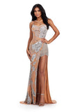 ASHLEYlauren Prom Dress ASHLEYlauren 11590 One Shoulder Fully Beaded Dress with Left Leg Slit and Fringe