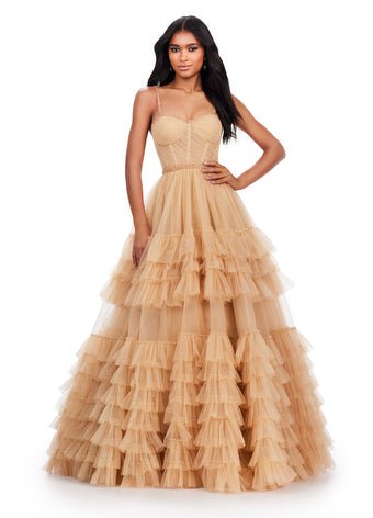 ASHLEYlauren Prom Dress ASHLEYlauren 11603 Spaghetti Strap Tiered Tulle Gown with Corset Bustier