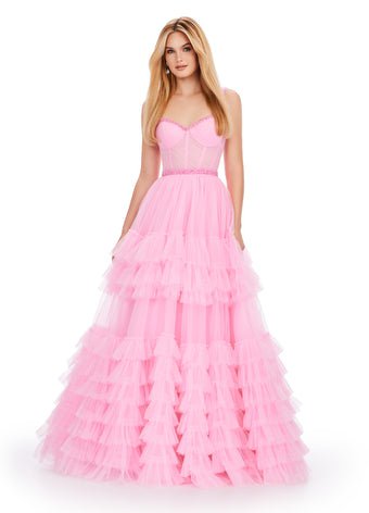 ASHLEYlauren Prom Dress ASHLEYlauren 11603 Spaghetti Strap Tiered Tulle Gown with Corset Bustier