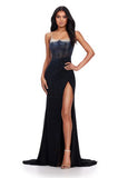 ASHLEYlauren Prom Dress ASHLEYlauren 11616 Spaghetti Strap Dress with Left Leg Slit and Corset Bustier