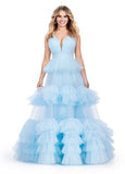 ASHLEYlauren Prom Dress ASHLEYlauren 11620 V-Neck Tiered Tulle Ball Gown