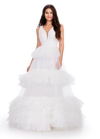 ASHLEYlauren Prom Dress ASHLEYlauren 11620 V-Neck Tiered Tulle Ball Gown