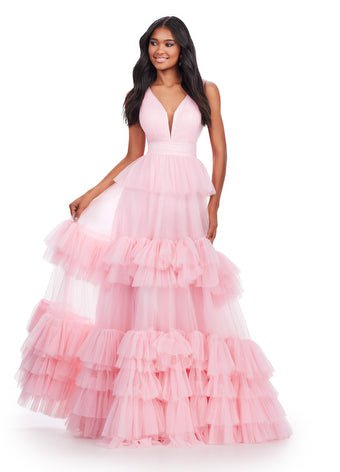 ASHLEYlauren Prom Dress ASHLEYlauren 11620 V-Neck Tiered Tulle Ball Gown