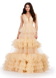 ASHLEYlauren Prom Dress ASHLEYlauren 11620 V-Neck Tiered Tulle Ball Gown