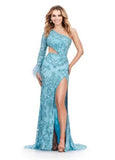 ASHLEYlauren Prom Dress ASHLEYlauren 11649 One Sleeve Beaded Dress with Feather Cuff