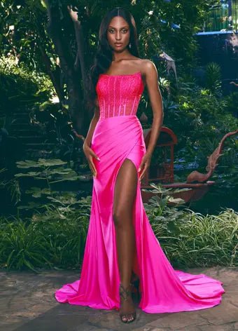 ASHLEYlauren Prom Dress ASHLEYlauren 11690 Strapless Jersey Dress with Corset Bustier and Press On Stones