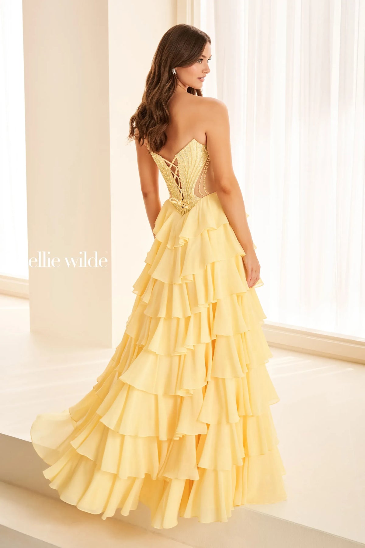 Ellie Wilde Prom Dress Light Yellow Ellie Wilde EW38019 back