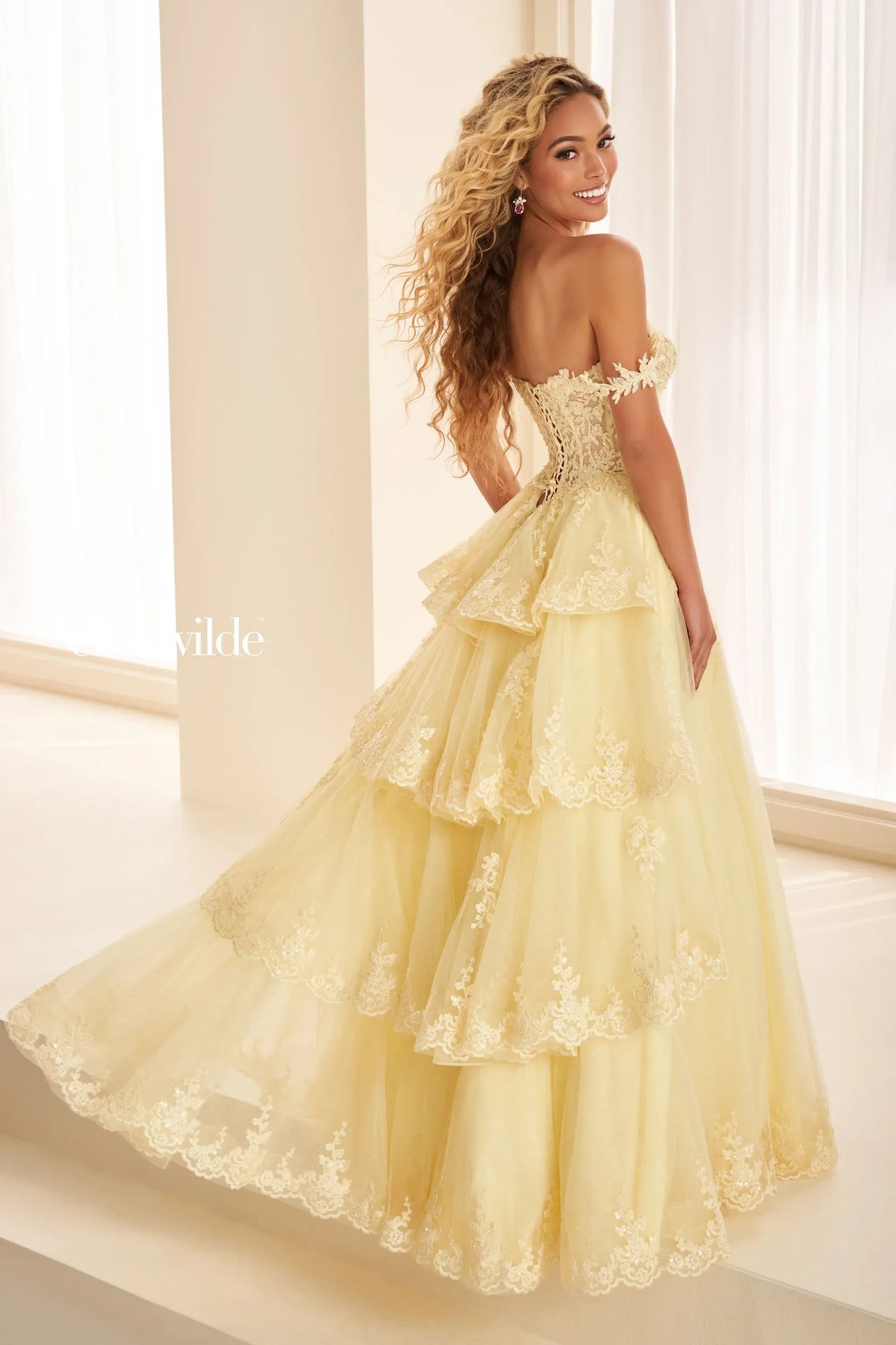 Ellie Wilde Prom Dress Light Yellow Ellie Wilde EW38092 back
