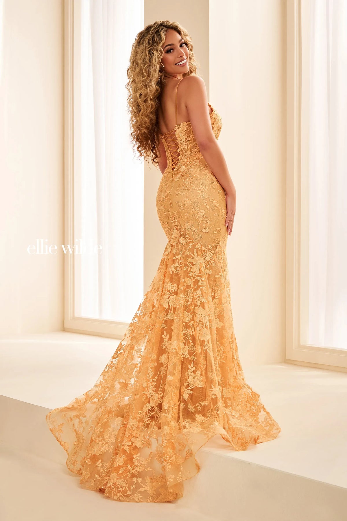 Ellie Wilde Prom Dress Apricot Ellie Wilde EW38202 back