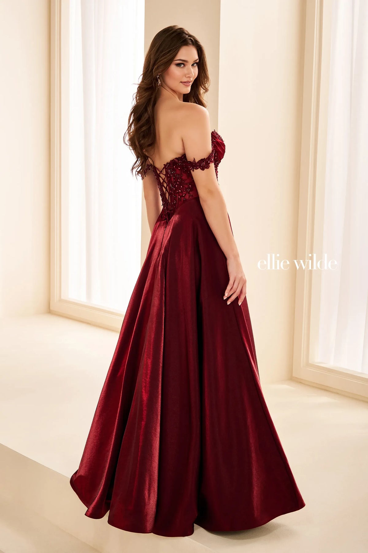 Ellie Wilde Prom Dress Merlot Ellie Wilde EW38218 back