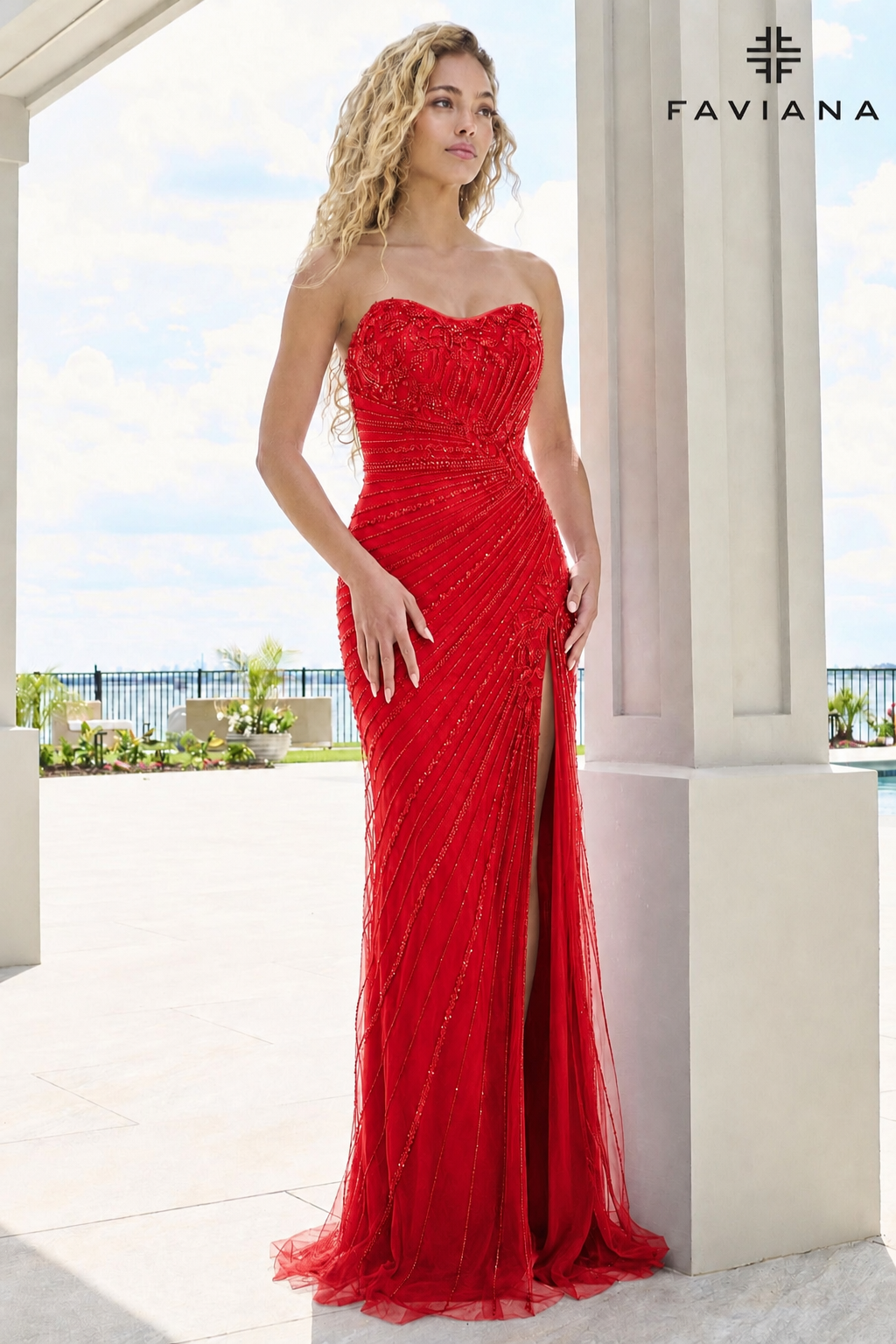 Faviana 11616 Strapless Gown With Sweeping Beaded Detail And Lace-Up Back in Red