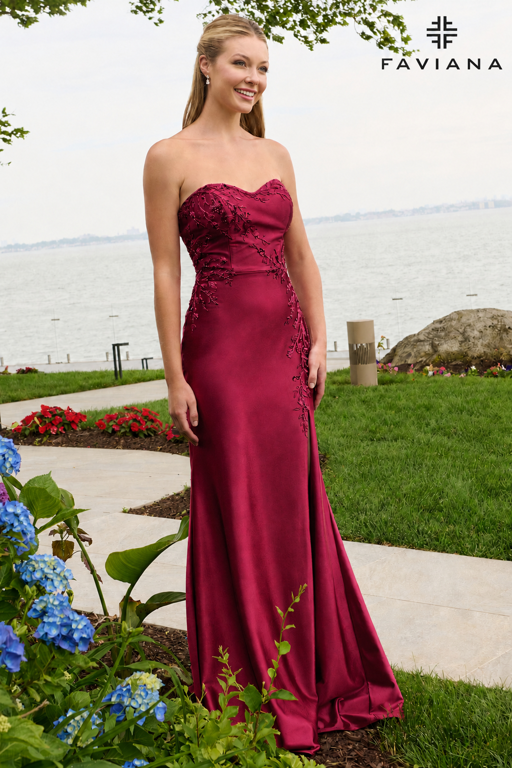 Faviana 11647 Strapless Satin Dress With Asymmetrical Floral Beaded Detail in Cherry