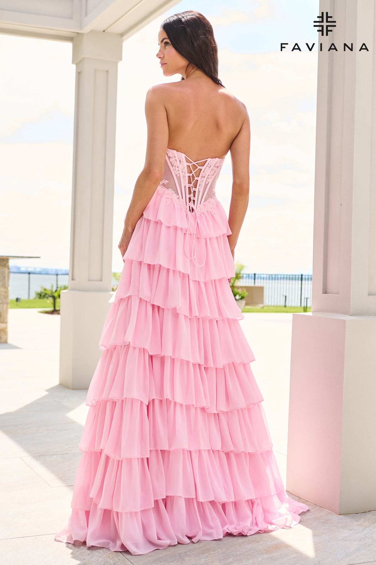 Faviana 11629 Chiffon Flowy Long Tiered Dress With Beaded Corset in Light Pink