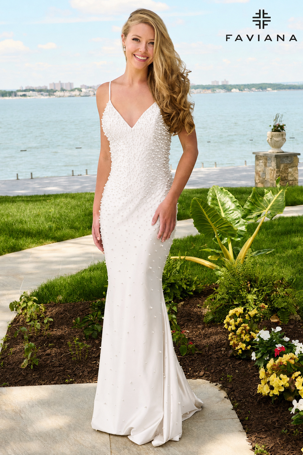 Faviana 11611 V-Neck And Deep V-Back Long Prom Dress With Pearls in Ivory