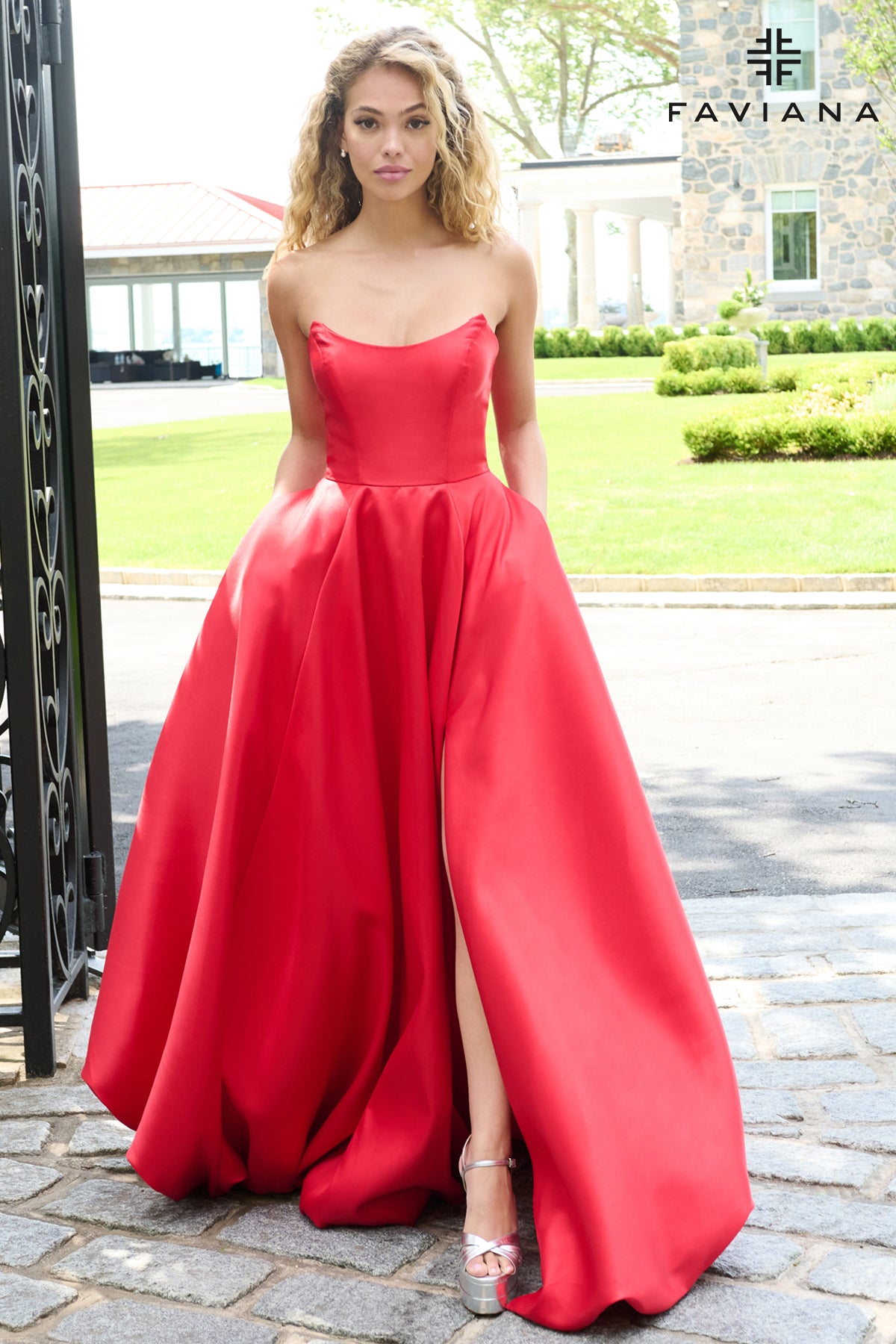 Faviana E11670 Pointed Strapless Satin Corset Dress With Sequin Beading in Red