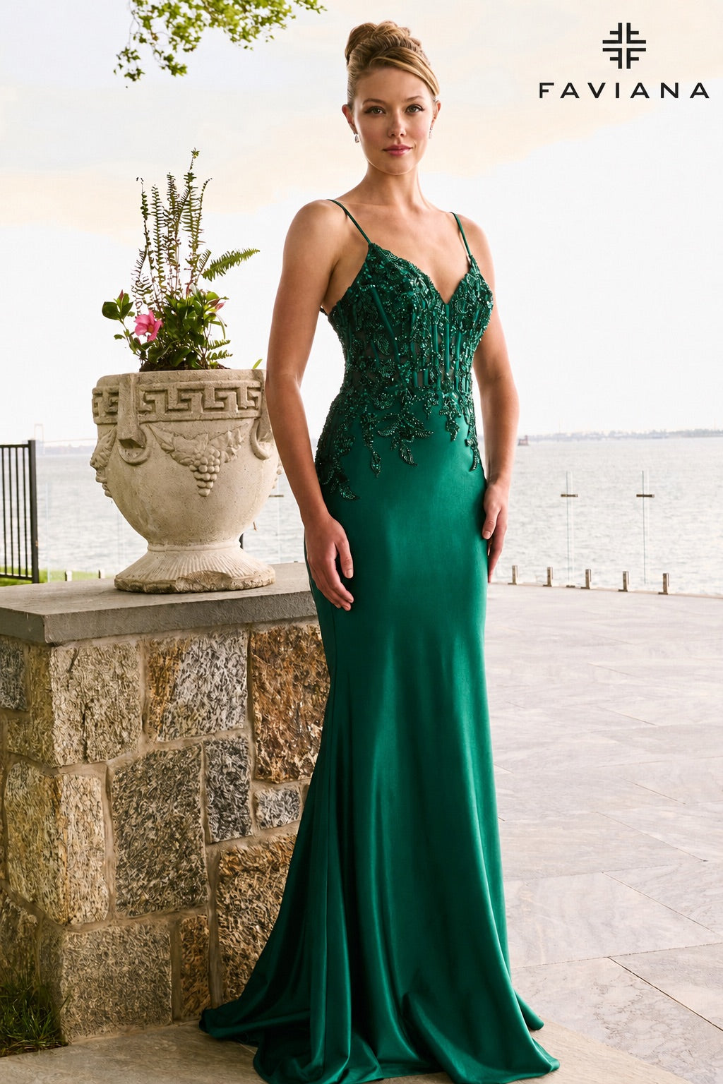 Faviana 11608 Beaded Corset Sparkle Stretch Jersey Mermaid Gown in Dark Emerald